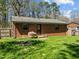 View of brick home backyard showcasing lawn, trees and fire pit with grill at 1507 Ridgeway Ave, Durham, NC 27701