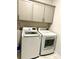 Efficient laundry room with white washer and dryer units and storage cabinets at 2918 Balbardie Dr, Apex, NC 27502