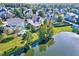 Stunning aerial view of the property, featuring a private pool and scenic lake frontage at 404 Vintage Hill Cir, Apex, NC 27539