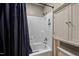 Bathtub shower with black curtain and white shower walls at 71 Romans Rd, Roxboro, NC 27574