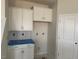 Kitchen cabinets with decorative backsplash and white door at 104 Fairwinds Dr, Lillington, NC 27546