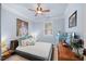 Bedroom with unique decor featuring blue walls, a ceiling fan, and modern furniture at 10400 Rosegate Ct # 3, Raleigh, NC 27617