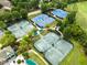 Aerial view showcasing multiple tennis courts with green surroundings and a clubhouse, promoting active lifestyle at 10400 Rosegate Ct # 3, Raleigh, NC 27617