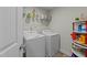 Efficient laundry room equipped with a washer, dryer, and shelving for storage at 118 Lockhaven Dr, Garner, NC 27529