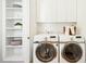 Efficient laundry room equipped with modern appliances, built-in shelving, and ample storage space at 1309 Langdon Pl, Pittsboro, NC 27312