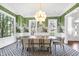 Bright dining room with green wallpaper, a black and white rug, and natural light at 1925 Banbury Rd, Raleigh, NC 27608