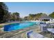 This is a clean and inviting community pool with tables and chairs ready for use at 2006 Prairie Ridge Ct, Fuquay Varina, NC 27526