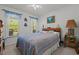 Bedroom with white walls, two windows, ceiling fan, and striped bedspread at 248 Brookfield Cir, Sanford, NC 27330