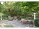 Relaxing backyard with stone patio featuring wicker seating, a fire pit, and a lush, wooded backdrop at 2812 Dahlgreen Rd, Raleigh, NC 27615