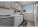 Functional laundry room with gray cabinets, granite countertop, front load washer and dryer, and window at 511 Mcarthur Rd, Broadway, NC 27505