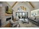 Inviting living room featuring a stone fireplace, vaulted ceiling, and access to outdoor space at 8005 Woodcross Way, Wake Forest, NC 27587