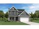 New construction home with a two-car garage, stone accents, and manicured lawn on a sunny day at 1010 Red Roses Ave, Durham, NC 27703