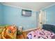 Bedroom featuring blue walls, hardwood floors, and a mounted TV, creating a cozy and relaxing space at 1213 Lincoln St, Durham, NC 27701