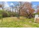 Backyard landscape, with a playset and a storage shed, bordered by mature trees at 3490 Old Buies Creek Rd, Angier, NC 27501