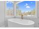 A luxurious bathtub with a gold water tap is situated in front of a window overlooking a beautiful landscape at 73 Clyde Pearce Rd, Zebulon, NC 27597
