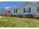 A quaint single-story home with light siding and blue shutters stands on a neatly landscaped lot at 133 Grassy Rio Ln, Garner, NC 27529