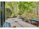 Well-maintained backyard with mature trees offers an abundance of shade and backyard deck with benches at 201 Wortham Dr, Raleigh, NC 27614