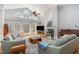 Sun-filled living room with a cozy fireplace, stylish furnishings, and soaring windows providing scenic views at 3601 Tartancroft Pl, Fuquay Varina, NC 27526