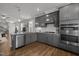 Contemporary kitchen featuring gray cabinets, granite countertops, and stainless steel appliances with an open concept at 8410 Zinc Autumn Path, Raleigh, NC 27615