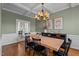 Traditional dining room featuring hardwood floors, modern light fixture, and sage green walls at 1036 Butterfly Cir, Wake Forest, NC 27587
