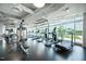 Bright gym with modern equipment and floor-to-ceiling windows overlooking lush greenery at 110 N Corcoran St # 2302, Durham, NC 27701