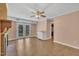 Spacious living room with a brick fireplace and access to the backyard at 215 Longview Dr, Smithfield, NC 27577