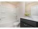 Bathroom with shower-tub combination, vanity, and modern sink at 4220 Congleton Pl, Durham, NC 27703