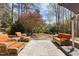 Inviting backyard patio featuring comfortable wicker seating with orange cushions, perfect for entertaining guests outdoors at 5125 Salinas Ct, Holly Springs, NC 27540