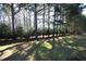 Picturesque backyard scene featuring beautiful landscaping and mature trees casting shadows on the lawn at 6521 Vintage Ridge Ln, Fuquay Varina, NC 27526