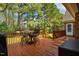 Lovely wood deck with a table and chairs looks out onto the wooded backyard at 6521 Vintage Ridge Ln, Fuquay Varina, NC 27526