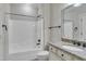 Clean bathroom features a tub/shower combination with granite vanity and contemporary finishes at 85 Christenbury Ln, Clayton, NC 27527