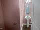 Small pink powder room featuring pedestal sink and wall mirror at 2053 Alderman Way, Creedmoor, NC 27522