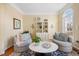 Inviting living room with armchairs, area rug, and built-in shelving for decor and storage at 2308 Carriage Oaks Dr, Raleigh, NC 27614
