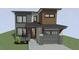 Exterior elevation showing gray siding, modern lines, windows, garage and front entrance at 2603 Vineyard St, Durham, NC 27707