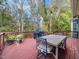 Wooden deck featuring an outdoor dining table, grill, and potted plants, surrounded by trees at 904 Hidden Jewel Ln, Wake Forest, NC 27587