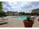 Resort-style community pool with lounge chairs, flowerpots, nearby buildings, and blue cloudy skies at 2500 Friedland Pl # 101, Raleigh, NC 27617