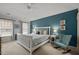 Bright bedroom features a white bed frame, blue accent wall, and calming decor at 3416 Cottonwood Dr, Durham, NC 27707