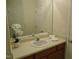 Bathroom with wood vanity, decorative mirror, and ample lighting at 4425 Moss Garden Path, Raleigh, NC 27616