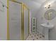 Compact bathroom with a glass shower, white pedestal sink and patterned tile floor at 63 Tally Ho Dr, Selma, NC 27576
