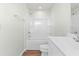 Full bathroom features a shower-tub, toilet, vanity with sink and new finishes at 653 Corvair Ln, Wendell, NC 27591