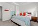 Bright bedroom featuring a large bed with vibrant pillows, carpeted floor, and tray ceiling at 1094 Ambergate Sta, Apex, NC 27502