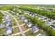Aerial view of a neighborhood showcasing well-maintained lawns, mature trees, and residential homes at 240 Swann Trl, Clayton, NC 27527