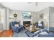 Cozy living room featuring fireplace, hardwood floors, and comfortable seating at 2728 Cloud Mist Cir, Raleigh, NC 27614