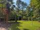 Lush backyard featuring mature trees, a manicured lawn, and a charming birdhouse providing serene outdoor space at 382 Wimbledon Dr, Roxboro, NC 27573