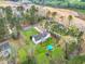 Aerial view of the home and backyard with an above ground pool and construction nearby at 402 Womble Dr, Lillington, NC 27546
