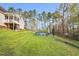 A shot of the grassy backyard with an above ground pool and lush trees in the distance at 402 Womble Dr, Lillington, NC 27546