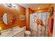 Bright bathroom features a white vanity, unique fixtures, and a flamingo shower curtain at 2105 Antioch Church Rd, Timberlake, NC 27583