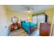This bedroom has wood floors and a wooden dresser and bed with blue accents at 2105 Antioch Church Rd, Timberlake, NC 27583