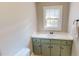 Bright bathroom featuring vintage-style vanity, green cabinetry, and natural light at 308 College St, Oxford, NC 27565
