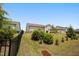 Sloping backyard with green grass, mature shrubs, and privacy fence. Perfect for outdoor activities and gardening at 4102 Catfish Way, Durham, NC 27703